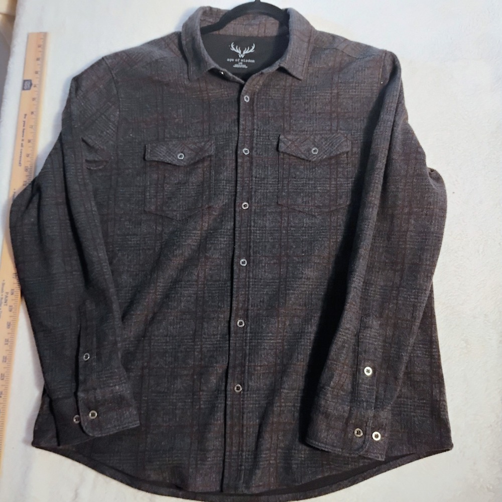 Age Of Wisdom Mens Gray Plaid Flannel Long Sleeve Button Shirt Size L